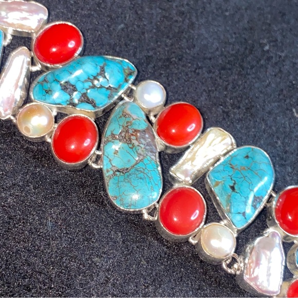 Gorgeous Tibetan Turquoise + Italian Red Coral + Biwa Pearl statement cuff - Picture 4 of 14